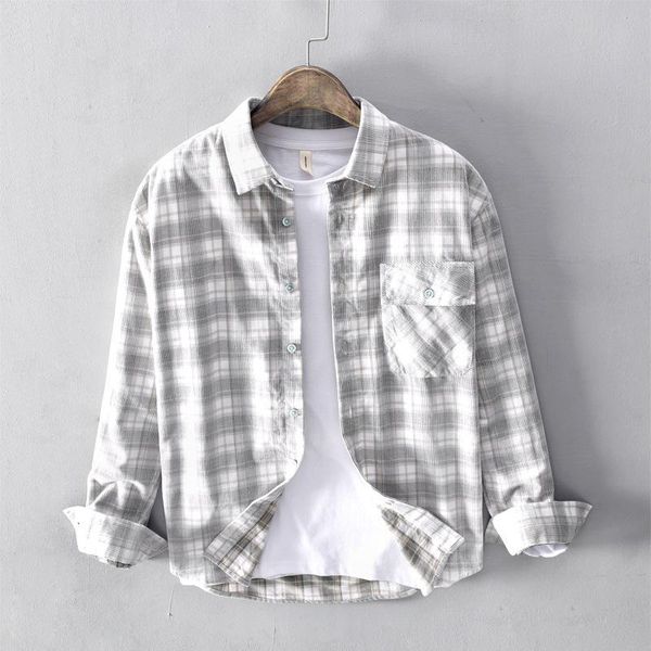 

literary men's casual fashion corduroy shirt retro wild cotton pocket plaid shirt youth tide, White;black