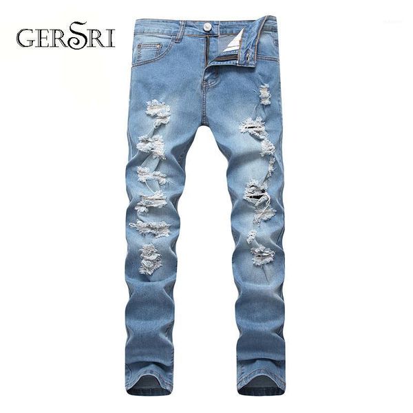

gersri jeans mens long destroyed hole knee ripped holes hip hop jeans for men zipper skinny men cotton1, Blue
