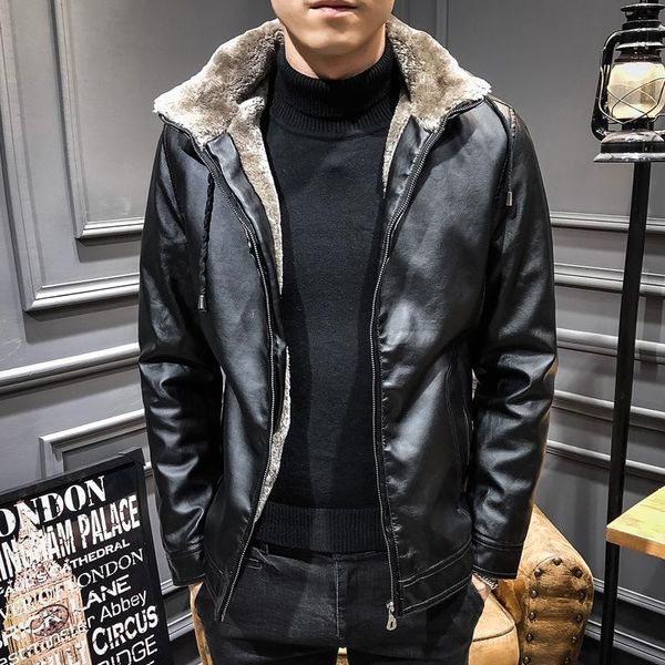

men's fur & faux winter leather man hooded jacket casual warm pu, Black