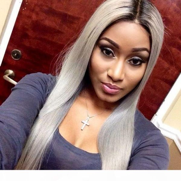 

mongolian straight lace front human hair wigs 1b grey ombre color gray wigs with baby hair pre plucked hairline, Black;brown