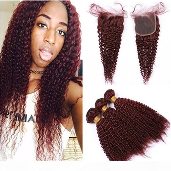 

burgundy bundles and closure wine red kinky curly virgin hair lace closure 4x4 with weaves 99j peruvian human hair weft extensions, Black;brown