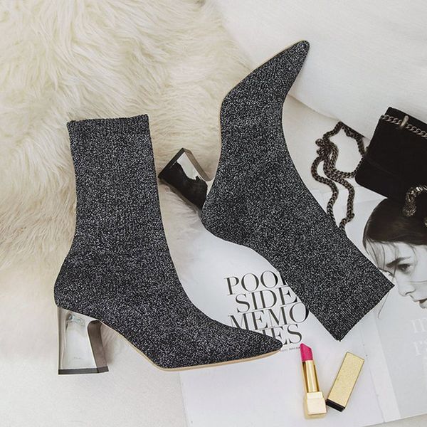 

2021 new women knitting elastic ankle boots autumn square middle heels pointed toe short sock boot ladies casual fashion shoes 1 o0eo, Black