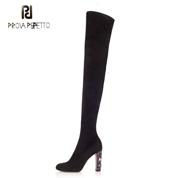 

discount luxury women's boots prova perfetto, high boot to thigh, nails with colored imitation diamonds, round boots, glass on knees, Black