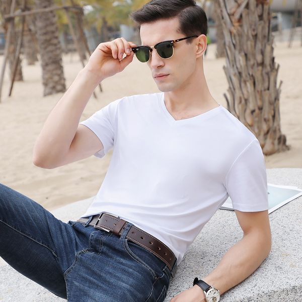 

2021 new new arrival 100% cotton low-cut v summer color intelligent male shirt streetwear tshirt fashion men's 48mm, White;black