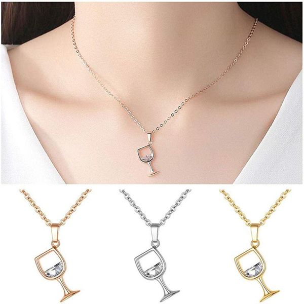 

rose gold chain creative wine glass pendant necklace zircon crystal wine cup charm necklace for women chokers necklaces #40, Silver