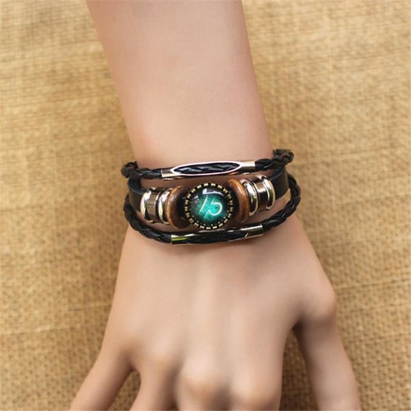 

punk 12 horoscope leather bracelet retro wooden bead charm bracelet female male men woman jewelry gifts wholesale, Golden;silver