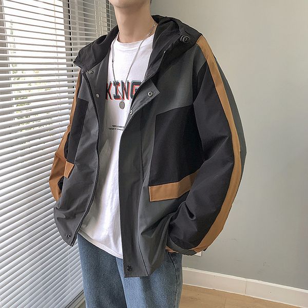 

new loose matching color contrast hooded jacket for men in spring and autumn, Black;brown