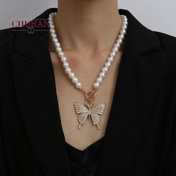 

chuhan female business imitation pearl single layer ot button necklace popular jewelry personality retro butterfly necklace j330, Silver