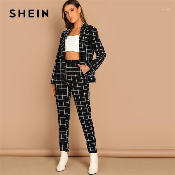 

shein black stretchy grid print shawl collar plaid long sleeve blazer & pants set women autumn workwear morden lady twopiece1, White