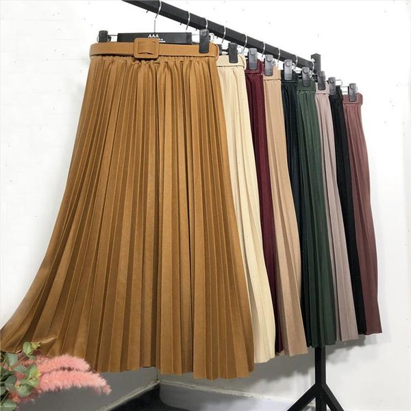 

new 2021 spring women pleated midi skirts womens casual solid korean elastic high waist skirt pleated skirt with belt, Black