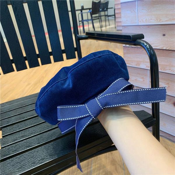 

2020autumn winter woman hat fashion ribbon bow beret letter embroidery winter hats vintage male beret french hat navy cap blm104, Blue;gray