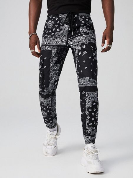 

men paisley scarf print flap pocket side drawstring pants 026w#, Black