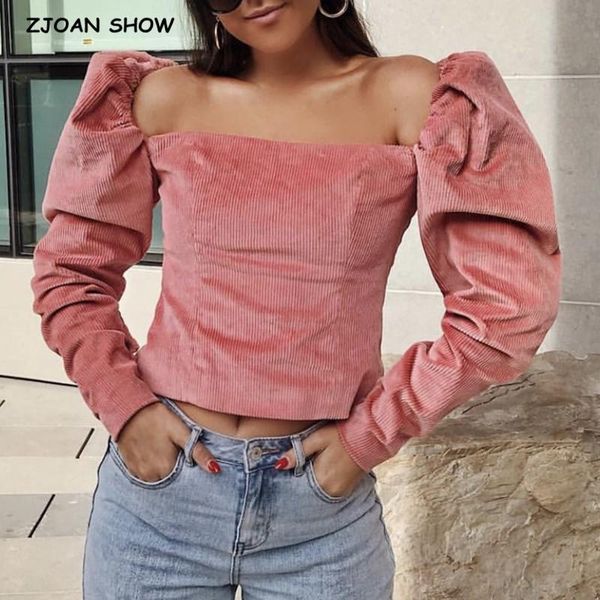 

women's blouses & shirts 2021 retro french style puff long sleeve corduroy shirt vintage women side zipper slim short blouse cropped, White