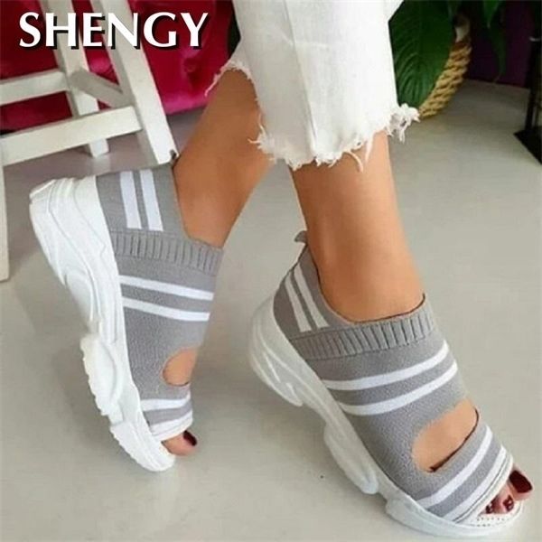 

summer women sandals open toe wedges platform ladies shoes knitting lightweight sneakers sandals big size zapatos mujer, Black