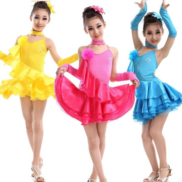 

stage wear 3 colors ballroom competition dancing dress latin dance suits girls costumes kids waltz flamenco outfits, Black;red