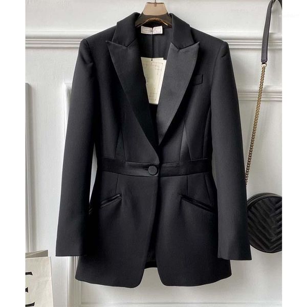 

cosmicchic women black blazer patchwork single-button pockets ladies jacket waist hugging office autumn elegant suit vintage1, White;black
