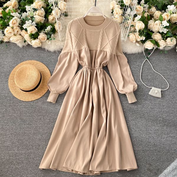 

2021 new women knitted in puff neck the line dressed solid autumn elastic long dress z2kf, Black;gray