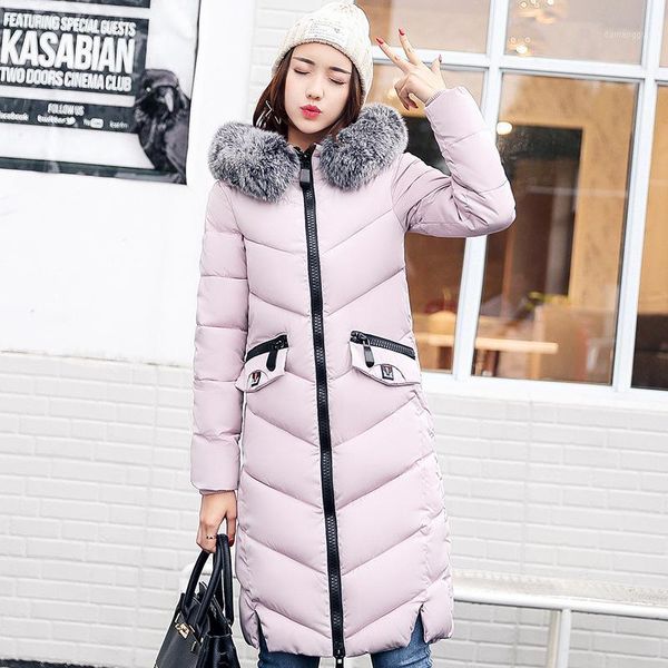 

winter casual long solid zipper hooded slim thick cotton parka broadcloth jacket fur collar wadded coat women outwear1, Black