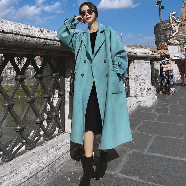 

women's wool & blends coat female 2021 winter cashmere lengthened solid color suit collar breasted korean loose fashion thicken woolen, Black