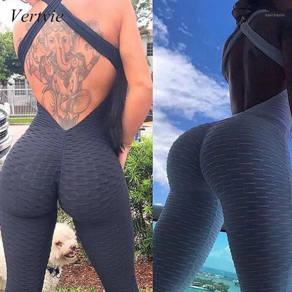 

yoga outfits vertvie 2021 backless women jumpsuit halter bodycon set slim push up fit sleeveless bosysuit female pant tracksuit1, White;red
