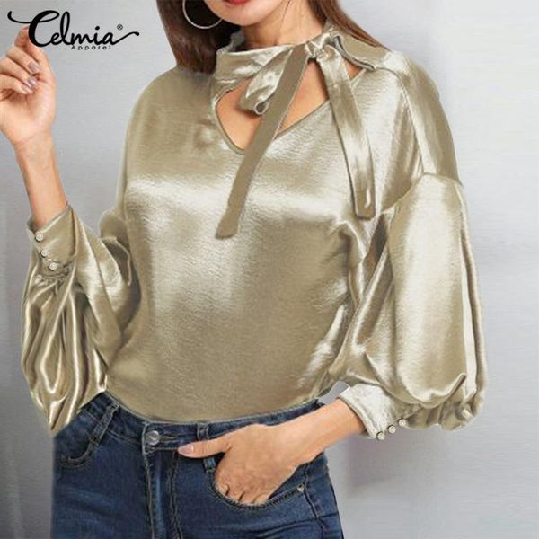 

women's blouses & shirts elegant satin women celmia v neck bow tie office lady lantern sleeve casual fashion slik plus size, White