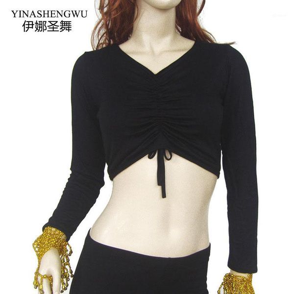 

2020 wrinkled v-neck long sleeve belly dance costume for dancers clothing, Black;red