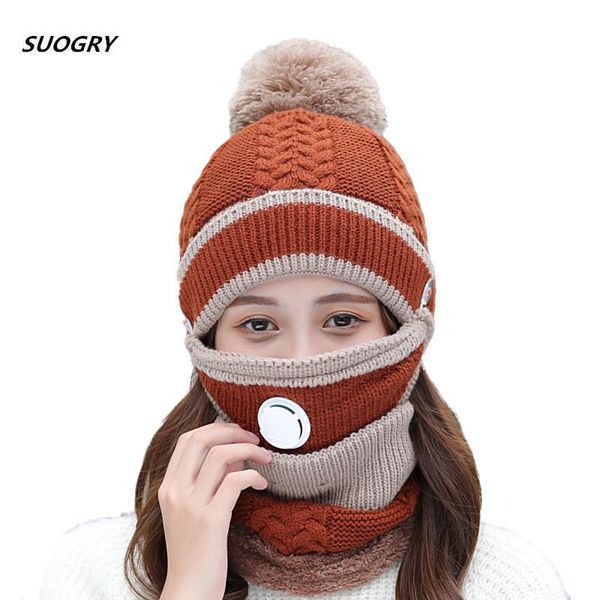 

suogry winter hat велоспорт женщины 3 шт warm wool skullies шапочки шляпы с маской ожерелье bib женский бархатные толстые против смога вязан