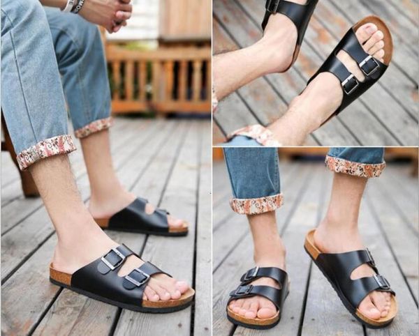

fashion summer cork slippers sandals new men women casual beach double buckle printed slip on slides shoe flat plus size, Black