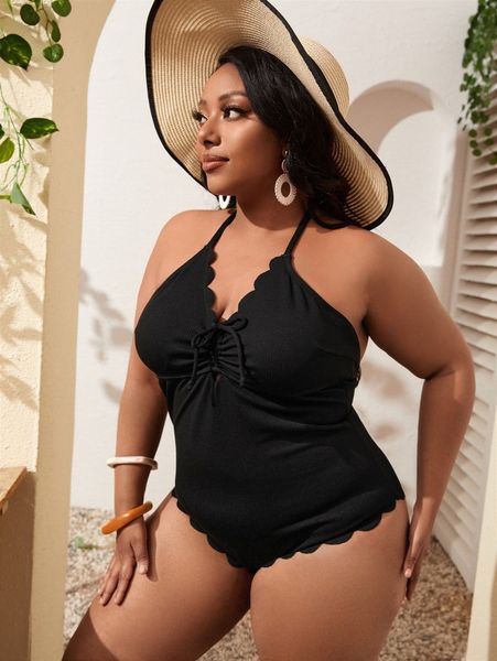 

plus scallop trim tie front one piece swimsuit d5jx#, Black