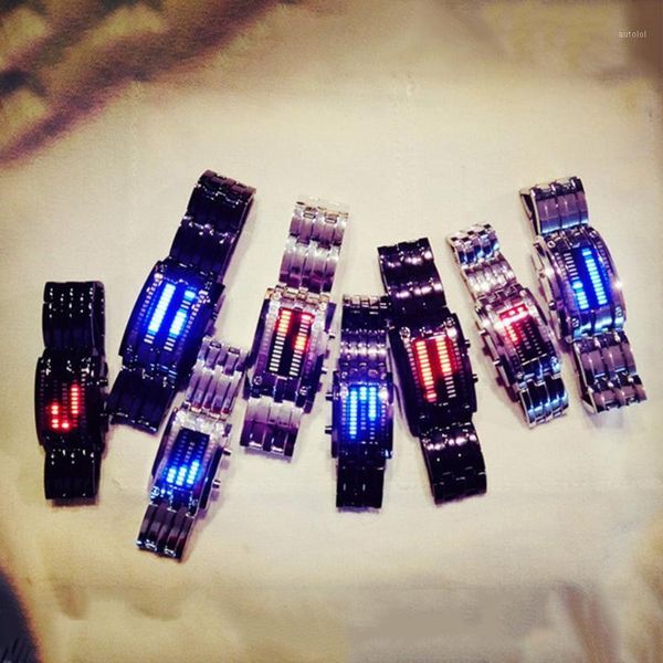 

watch stainless steel blue binary luminous led electronic display sport watches for lovers men women gifts1, Slivery;brown