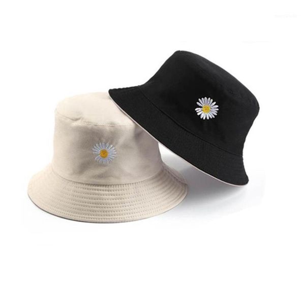 

foldable double-sided fisherman cap daisies bucket hat cotton women men outdoor sunscreen hat for outdoor1, Black;white