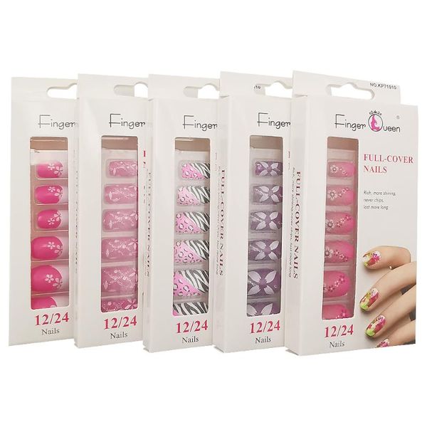 

24p/box of flower fake nails short full coverage nails press with jelly stickers for easy and quick french nail tips nail art, Red;gold