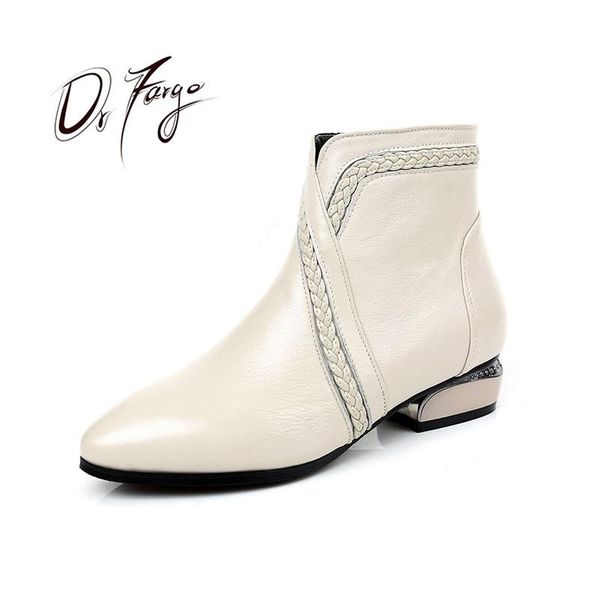 

drfargo genuine leather shoes women ankle boots 2.5cm low square heel pointed toe size zip black boots dress plus big size 34-43