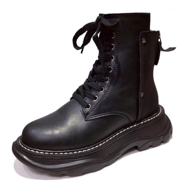 

new fashion european style black ankle boots flats round toe black lace-up boots woman platform leather shoes1