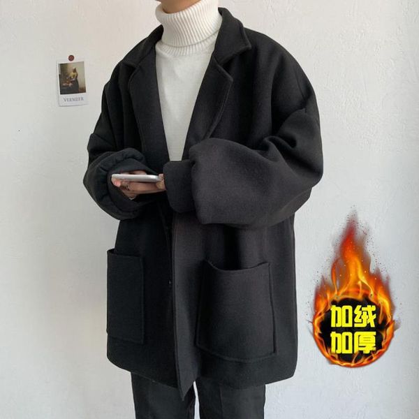 

winter loose warm wool plush coat men's thickened medium length windbreaker trend, Tan;black