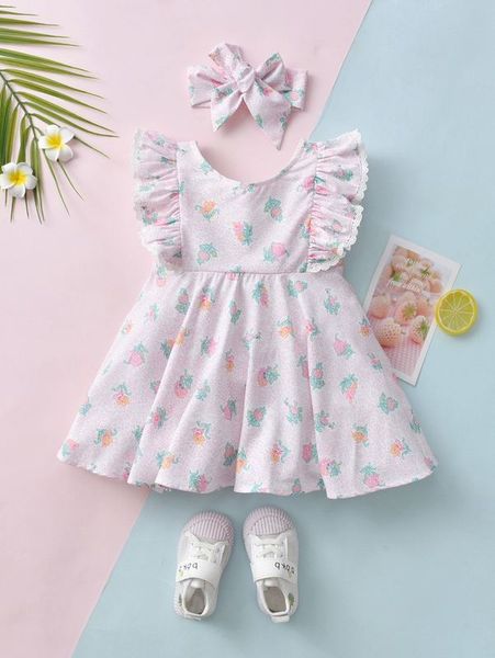 

baby floral print ruffle trim dress & headband she02, Red;yellow