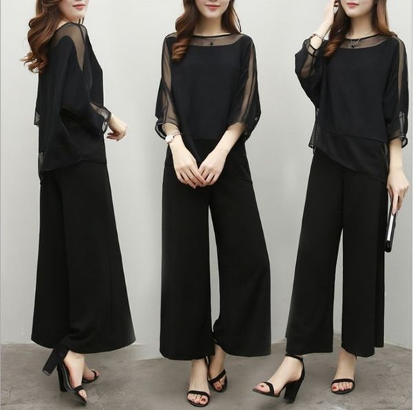 

mqs7k fat thin set plus size women's dress korean version of fat mm summer chiffon capri shirt set pants loose show sister two 6 shirt, Gray
