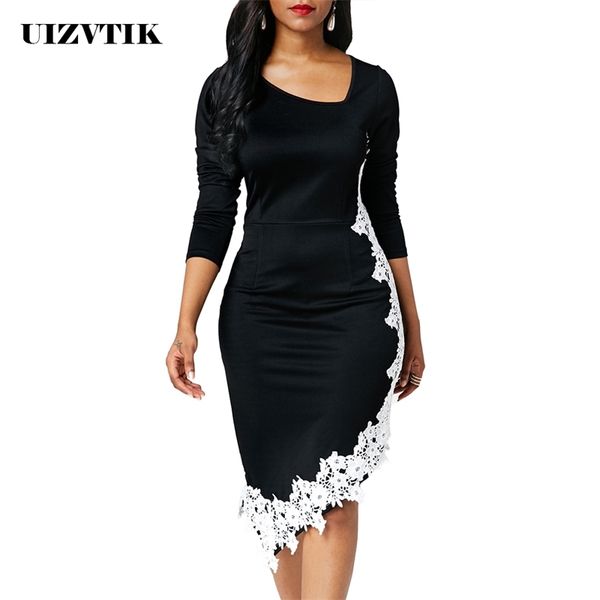 

winter autumn dress women casual plus size slim long sleeve bodycon dresses elegant vintage irregular lace party dress y200418, Black;gray