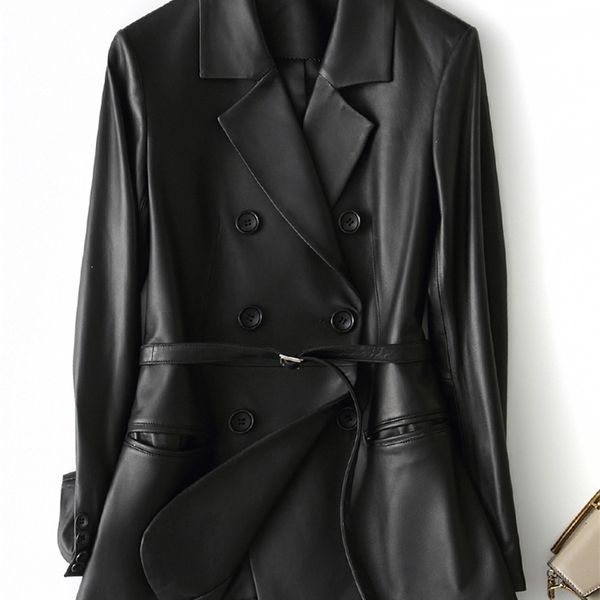 Nerazzurri Siyah Faux Deri Blazer Kadınlar Uzun Kollu Kemer Artı Boyutu Deri Ceket Kadınlar Yeni Gelenler 2020 Bayan Giyim LJ201021