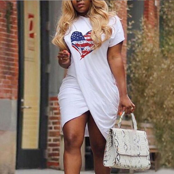 

women white dress casual love heart pattern flag print dresses short sleeve split mini dress summer sundress vestidos de festa1, Black;gray