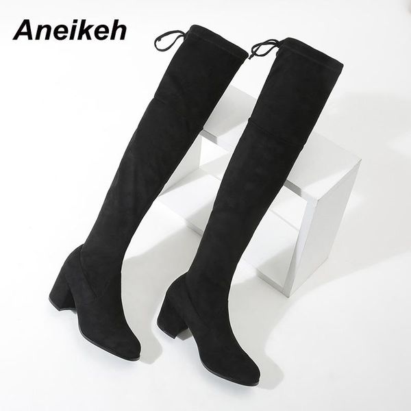 

aneikeh новые зимние ботинки способа женщин flock езда перевернутого эдж платье более-колено квадратный каблук круглый toe slip-on size35-40, Black