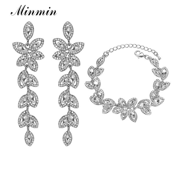 

minmin elegant silver color leaf crystal bracelets earrings bridal sets for women prom wedding jewelry christmas eh282 201222, Slivery;crystal