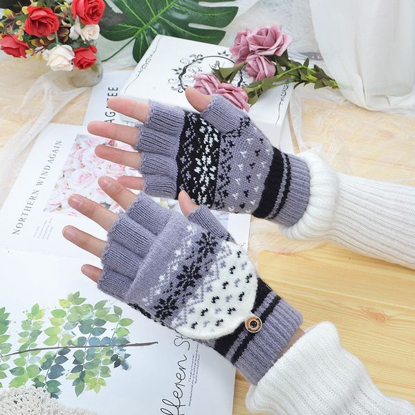 

autumn winter men's flip jacquard half driving and cycling warm knitted open finger qinglun versatile gloves, Blue;gray