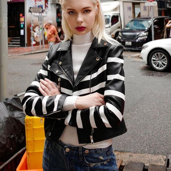 

s-l striped pu leather short section jacket women 2020 autumn fashion new pu leather coat stitching lapel zipper outwear l12851, Black