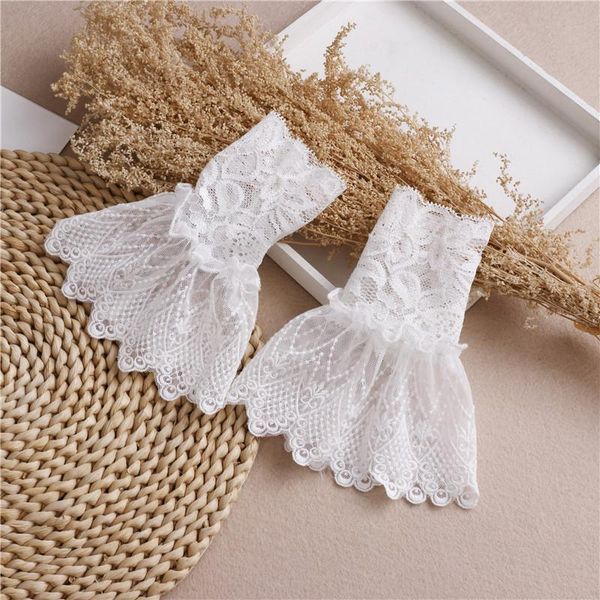 

five fingers gloves chiffon detachable sleeve fake cuffs for women sweater pleated flare false female ruffles wristband decorative, Blue;gray