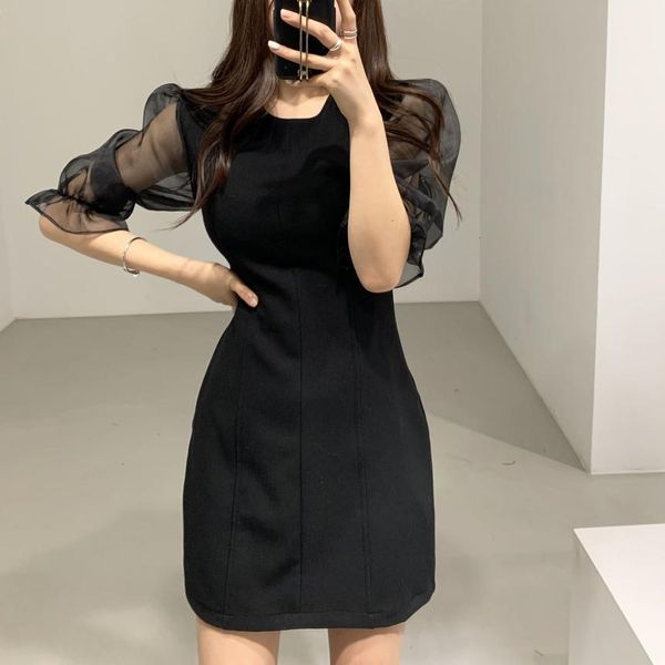 

new 2021 spring vintage elegant women mini dress wild mesh splicing woolen dress female solid high waist party dress office lady, Black;gray