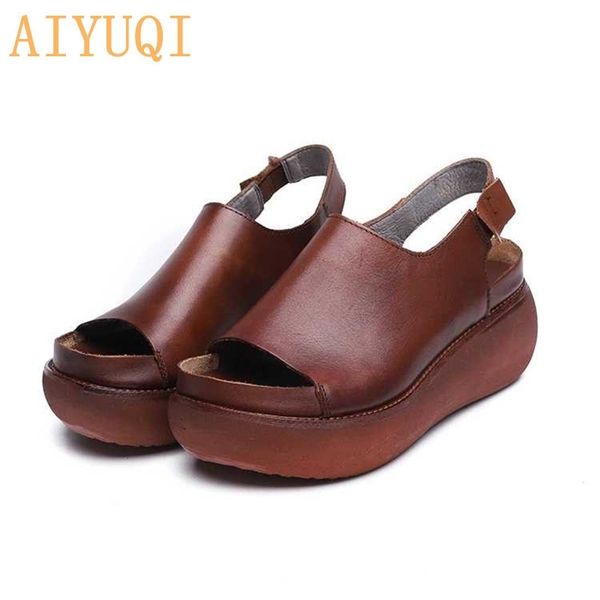 

aiyuqi sandals female summer genuine leather retro women sandals platform flat casual shoes european roman sandals women y200405, Black