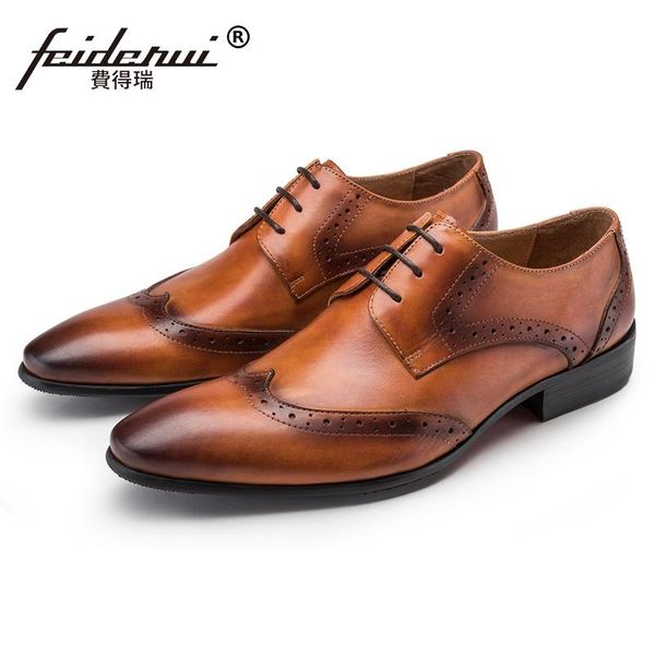 

british man formal dress shoes vintage genuine leather carved brogue footwear pointed toe men's wingtip flats js63, Black