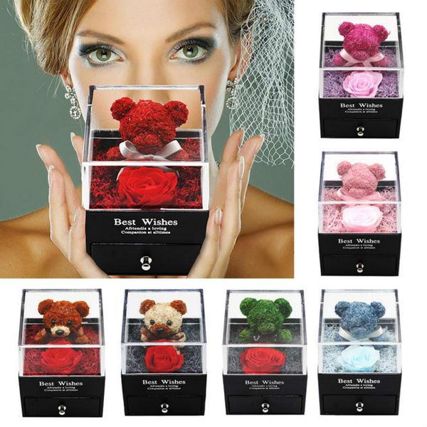 

2021 valentines day gift teddy bear preserved flower jewelry box preservation rose cross-border valentine's day birthday gift