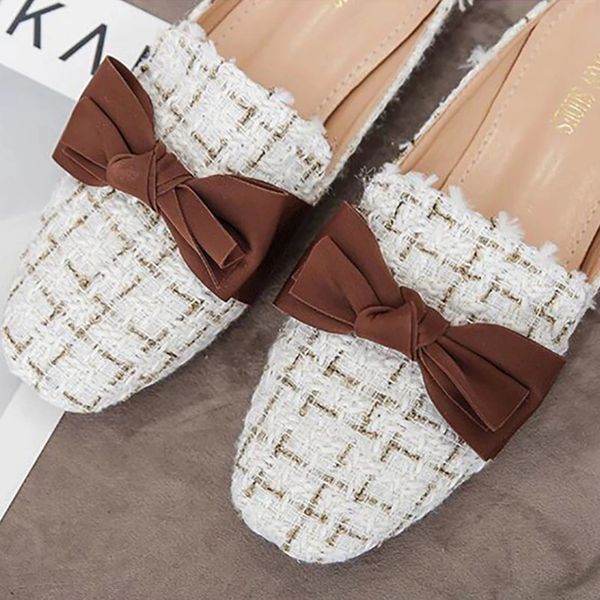 

fashion women mules slippers bow cotton fabric slip on female shoes low heel square toe summer footwear femme pantoufles 2020 #po4j, Black